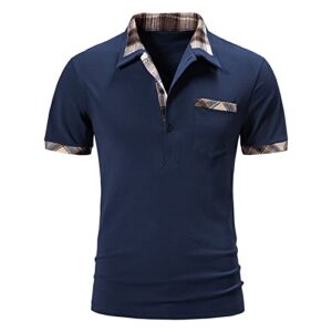 Golf Polo Shirt for Men Summer Short Sleeve Cotton Pique Classic Contrasting Plaid Collar T-Shirt with Pocket(Navy,Large)