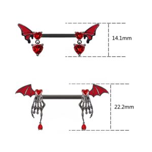 CHARMONLINE 14G Halloween Nipple Ring Heart,Bat Nipple Rings 316L Stainless Steel Heart Nipple Barbells Body Piercing Jewelry for Women Men