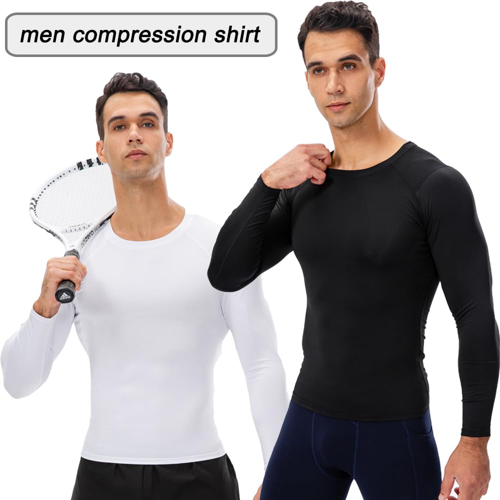 EARGFM Men's Athletic Long Sleeve Compression Shirt Gym Running Baselayer Quick Drying T-Shirts High Elastic Tops 2 Packs