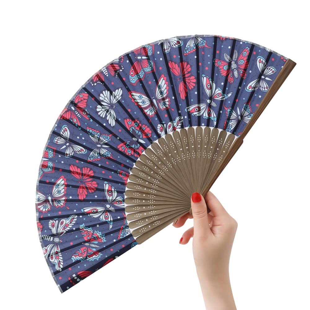 HeyToo Women Pretty Hand Fan Bamboo Printed Pattern Folding Fan Wedding Party Themed Anniversary Accessory Butterfly