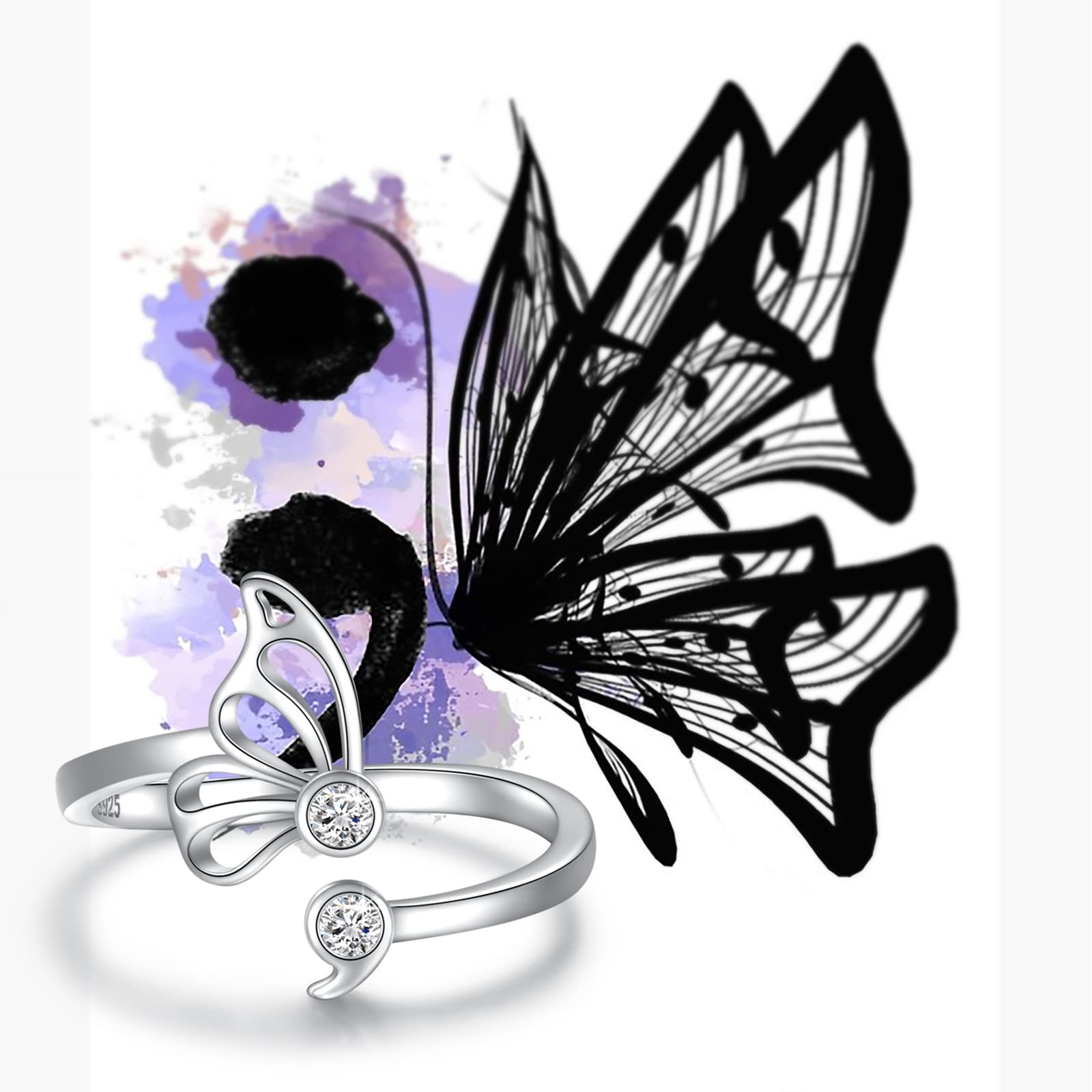 MANBU Sterling Silver Butterfly Semicolon Ring - Encouragement Butterfly Adjustable Wrap Ring with CZ Inspirational Jewelry Gift for Women