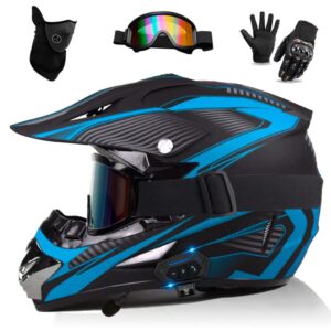 Youth Adult Motocross Off Road Bluetooth Helmet, Sport Motorcycle Motocross ATV Dirt Bike Helmet Street Racing Off Road Full Face Helmet with Gloves Goggles Mask - DOT Approved -B-Large