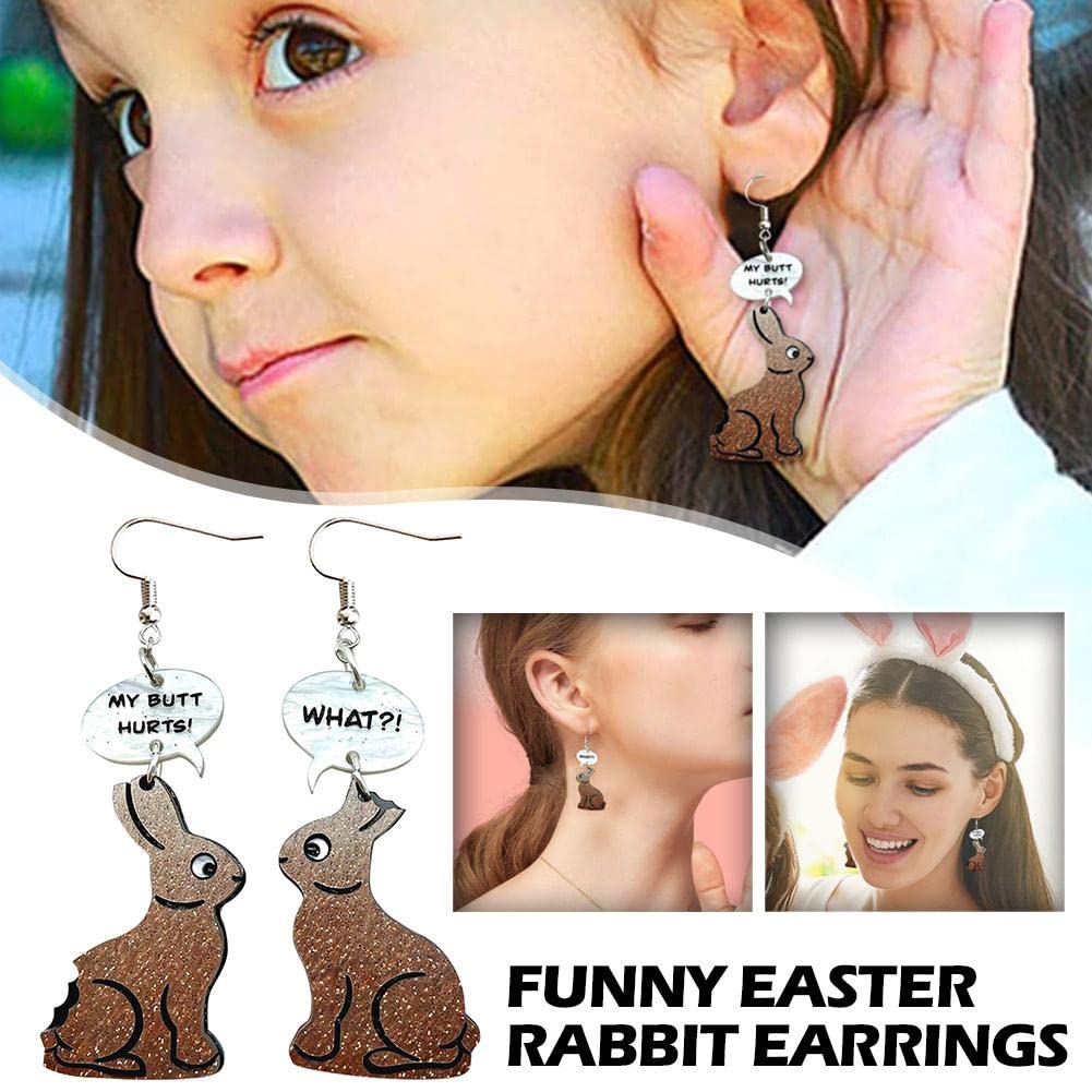 Wacky Earrings for Women Chocolate Color Acrylic Easter Bunny Earrings, Funny Dangle Drop Jewelry — My Butt Hurts, What