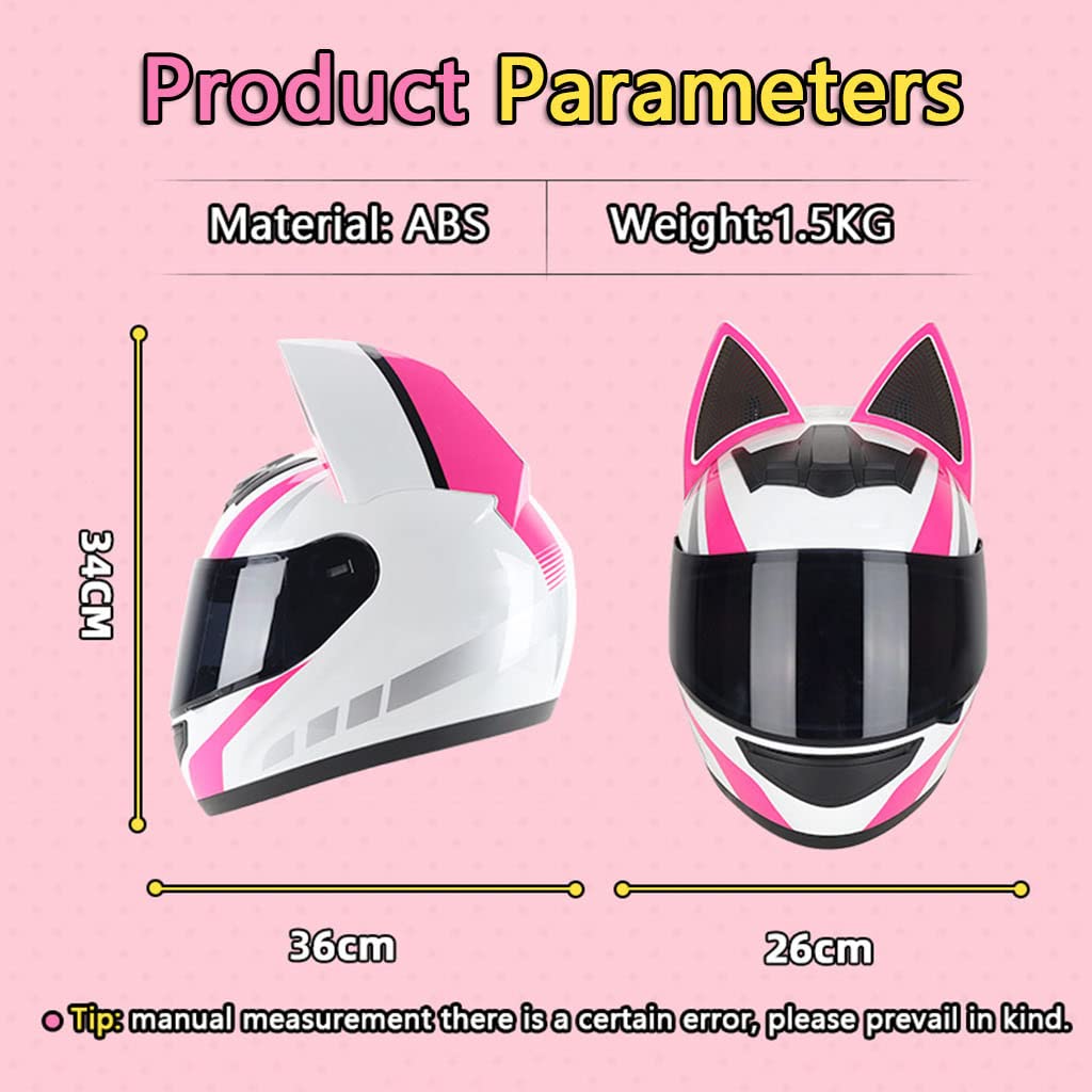 Beautiful Girl Bluetooth Cat Ear Motorcycle Full Face Helmet, Flip up Modular Offroad Motorbike Helmet DOT Approved Built-in Mp3 Integrated for Adults Men Women ATV Bike Racing Helmet-A-Small