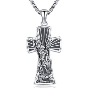 odinstone st michael the archangel pendant necklace sterling silver saint michael necklace for men women, st michael medal cross necklace, catholic religious jewelry gifts