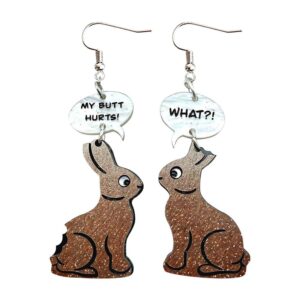 wacky earrings for women chocolate color acrylic easter bunny earrings, funny dangle drop jewelry — my butt hurts, what