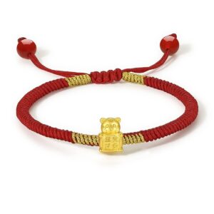 ZHOU LIU FU 24K Solid Gold Bracelets, Real Pure Gold Bracelet Chinese Zodiac Jewelry Adjustable Red Braided Bracelet Rabbit Dragon Dog Piggy with Blessing Idiom for Women Men Girlfriend