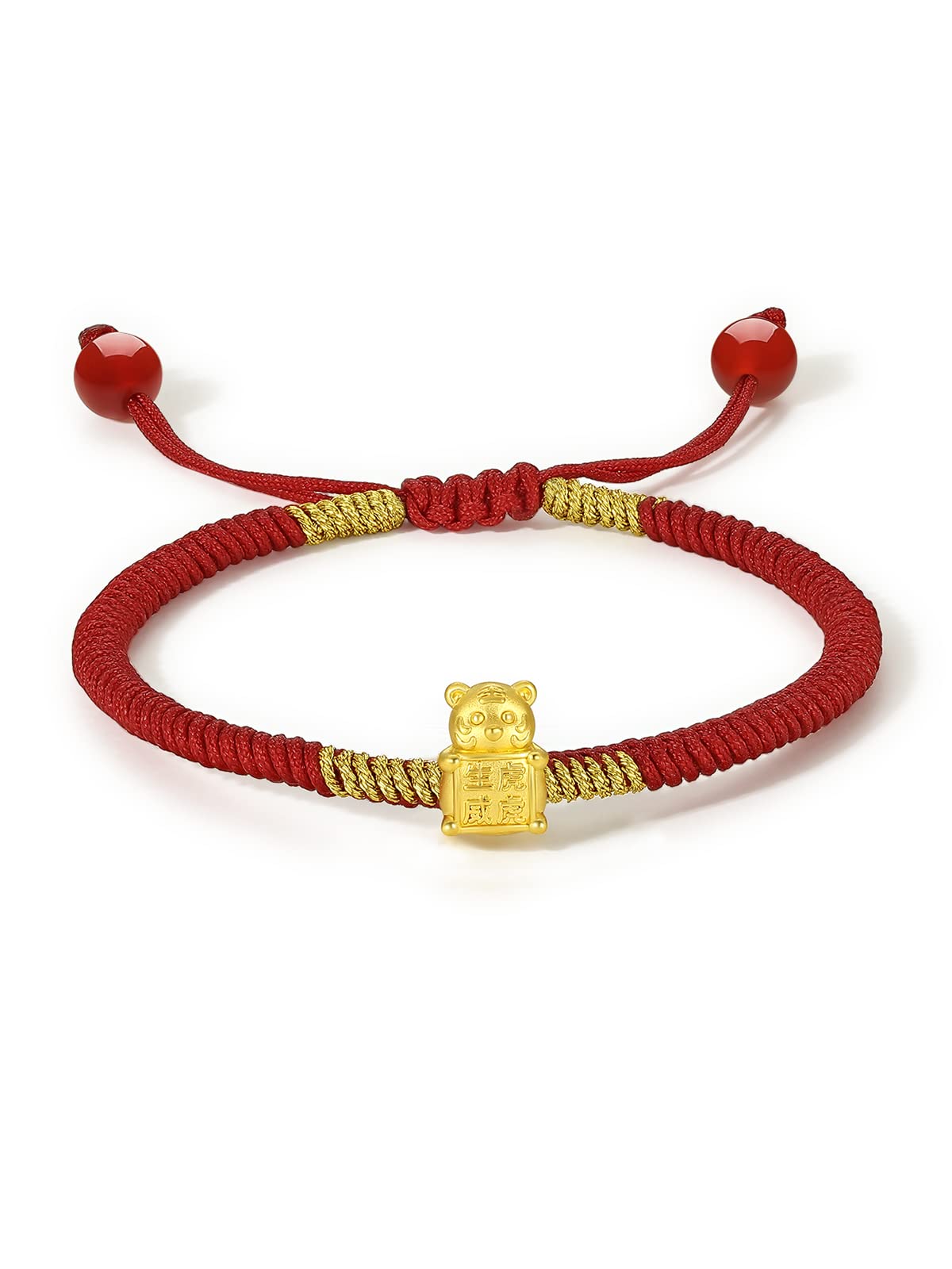 ZHOU LIU FU 24K Solid Gold Bracelets, Real Pure Gold Bracelet Chinese Zodiac Jewelry Adjustable Red Braided Bracelet Rabbit Dragon Dog Piggy with Blessing Idiom for Women Men Girlfriend