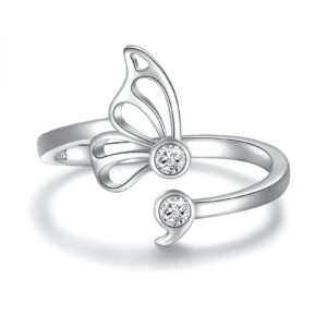 manbu sterling silver butterfly semicolon ring - encouragement butterfly adjustable wrap ring with cz inspirational jewelry gift for women