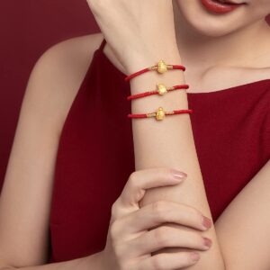 ZHOU LIU FU 24K Solid Gold Bracelets, Real Pure Gold Bracelet Chinese Zodiac Jewelry Adjustable Red Braided Bracelet Rabbit Dragon Dog Piggy with Blessing Idiom for Women Men Girlfriend