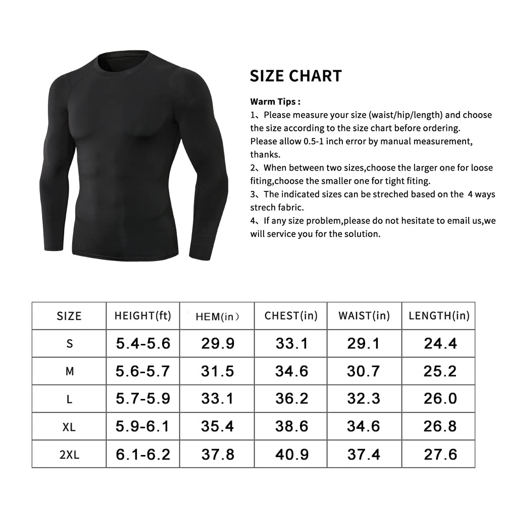 EARGFM Men's Athletic Long Sleeve Compression Shirt Gym Running Baselayer Quick Drying T-Shirts High Elastic Tops 2 Packs