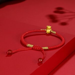 ZHOU LIU FU 24K Solid Gold Bracelets, Real Pure Gold Bracelet Chinese Zodiac Jewelry Adjustable Red Braided Bracelet Rabbit Dragon Dog Piggy with Blessing Idiom for Women Men Girlfriend