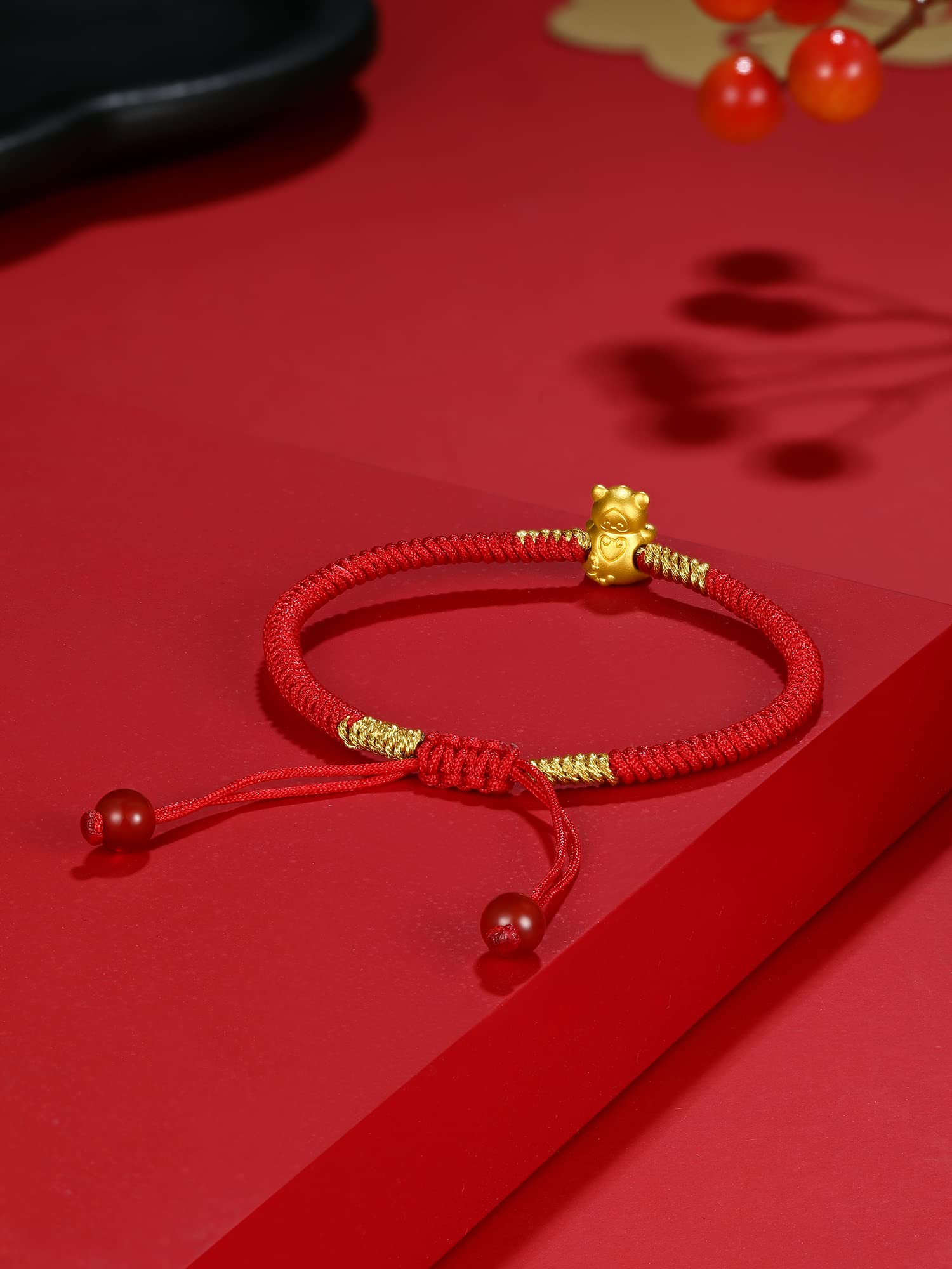 ZHOU LIU FU 24K Solid Gold Bracelets, Real Pure Gold Bracelet Chinese Zodiac Jewelry Adjustable Red Braided Bracelet Rabbit Dragon Dog Piggy with Blessing Idiom for Women Men Girlfriend