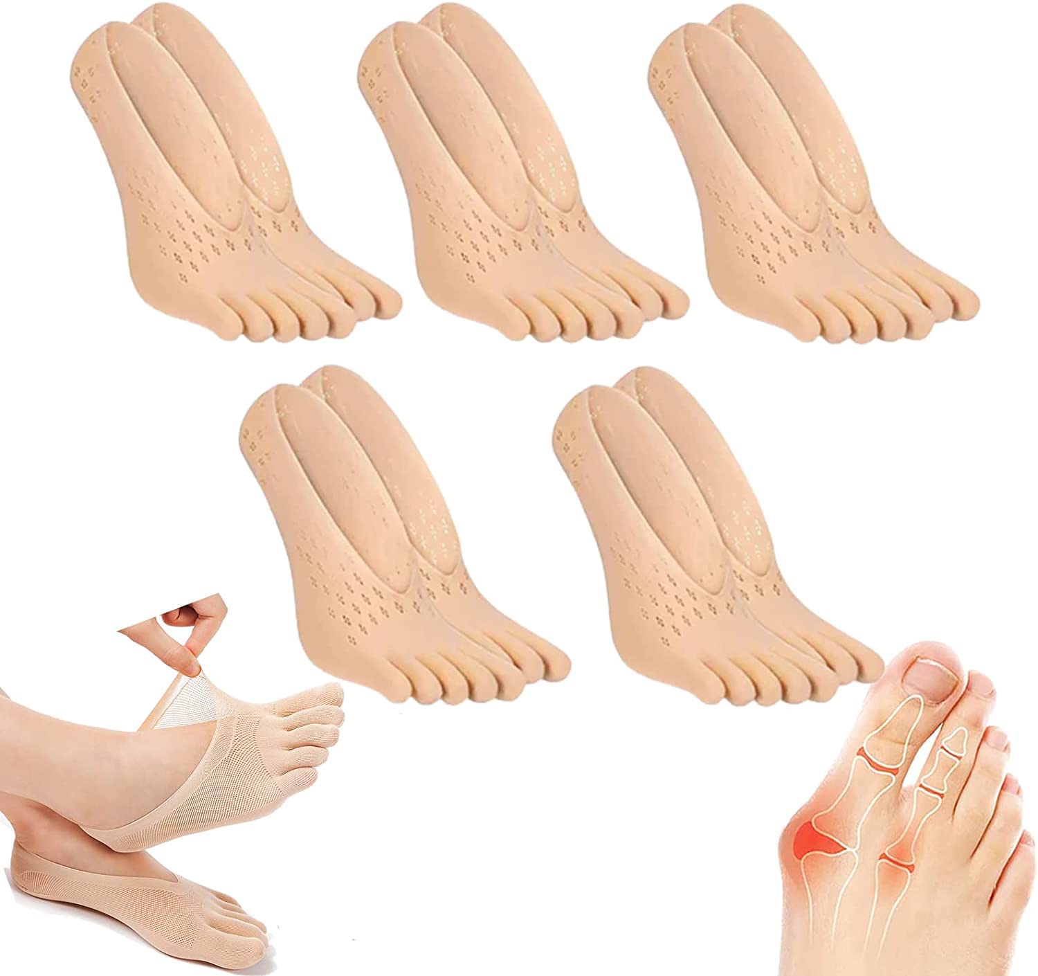 5 Pairs Sock Align Toe Socks for Bunion,Orthopedic Compression Socks,Projoint Antibunions Health Sock,Women Toe Socks No Show Low Cut Five Finger Socks (5Pairs-E)