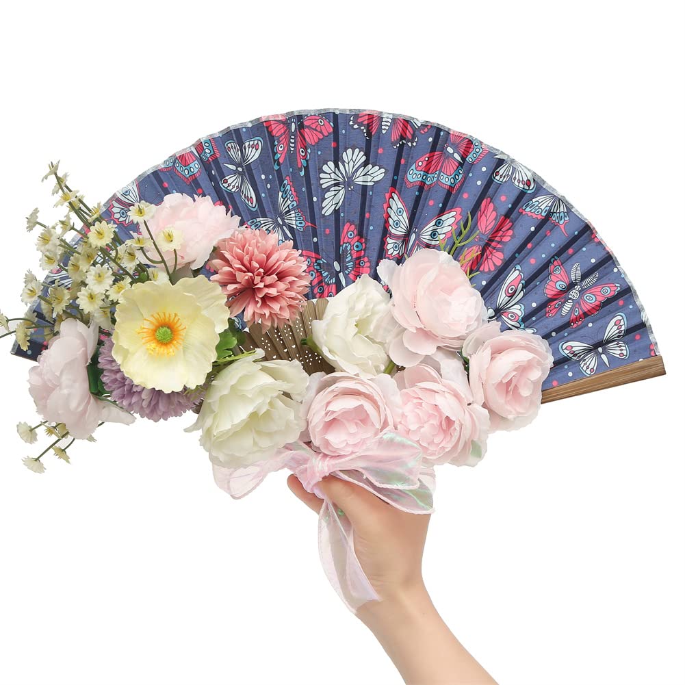 HeyToo Women Pretty Hand Fan Bamboo Printed Pattern Folding Fan Wedding Party Themed Anniversary Accessory Butterfly