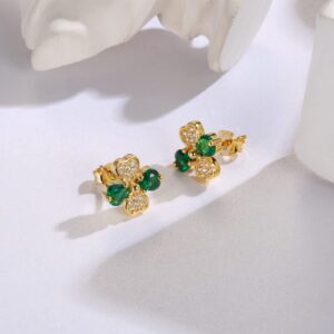 St Patricks Day Earrings Sterling Silver Four Leaf Clover Shamrock Irish Stud Earring Jewelry Gifts for Women Parade (Gold)