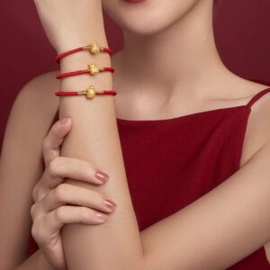 ZHOU LIU FU 24K Solid Gold Bracelets, Real Pure Gold Bracelet Chinese Zodiac Jewelry Adjustable Red Braided Bracelet Rabbit Dragon Dog Piggy with Blessing Idiom for Women Men Girlfriend