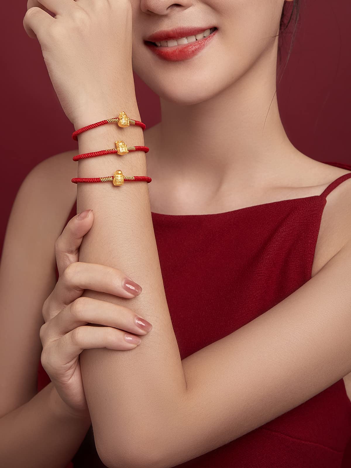 ZHOU LIU FU 24K Solid Gold Bracelets, Real Pure Gold Bracelet Chinese Zodiac Jewelry Adjustable Red Braided Bracelet Rabbit Dragon Dog Piggy with Blessing Idiom for Women Men Girlfriend