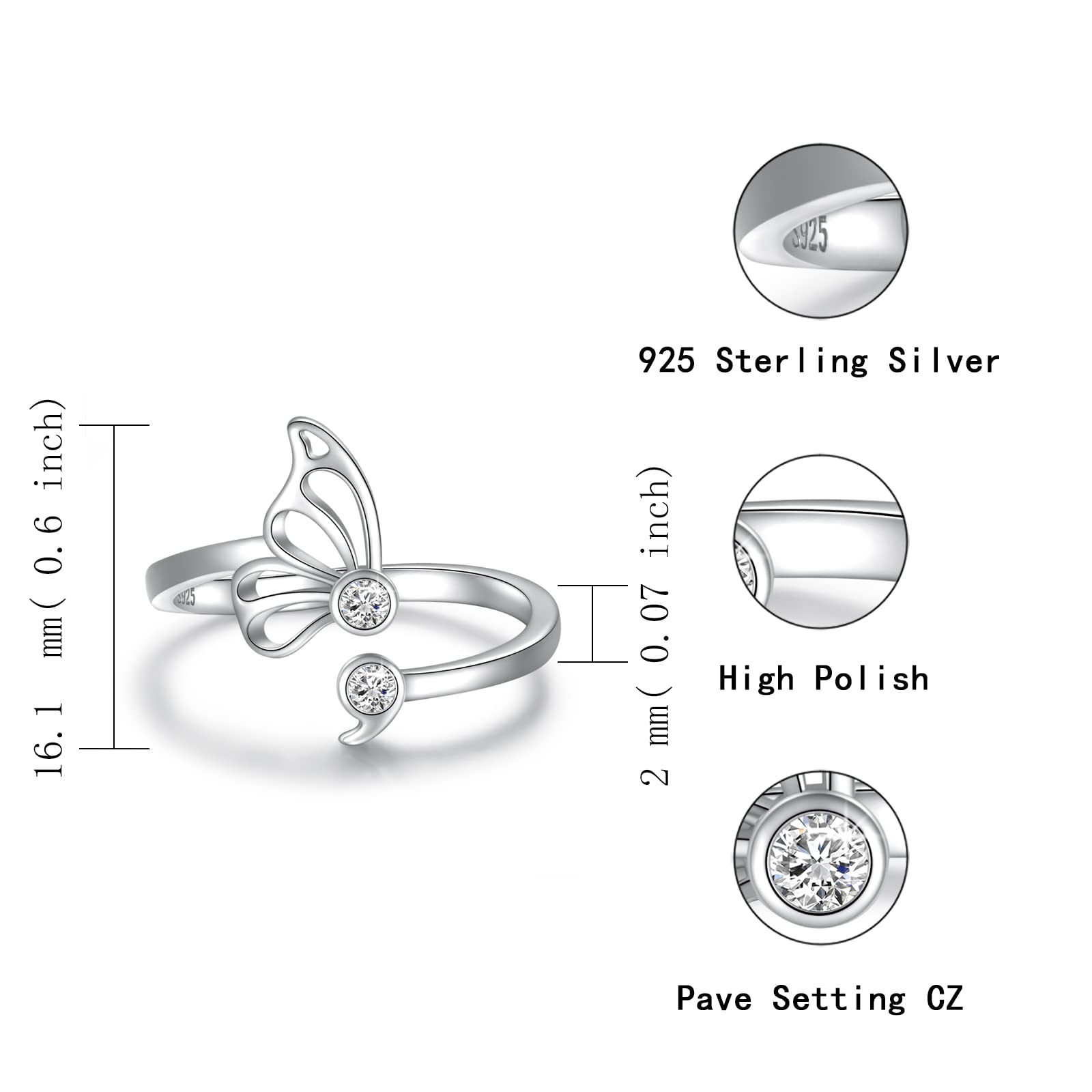 MANBU Sterling Silver Butterfly Semicolon Ring - Encouragement Butterfly Adjustable Wrap Ring with CZ Inspirational Jewelry Gift for Women