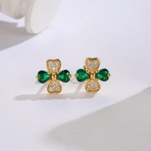 St Patricks Day Earrings Sterling Silver Four Leaf Clover Shamrock Irish Stud Earring Jewelry Gifts for Women Parade (Gold)