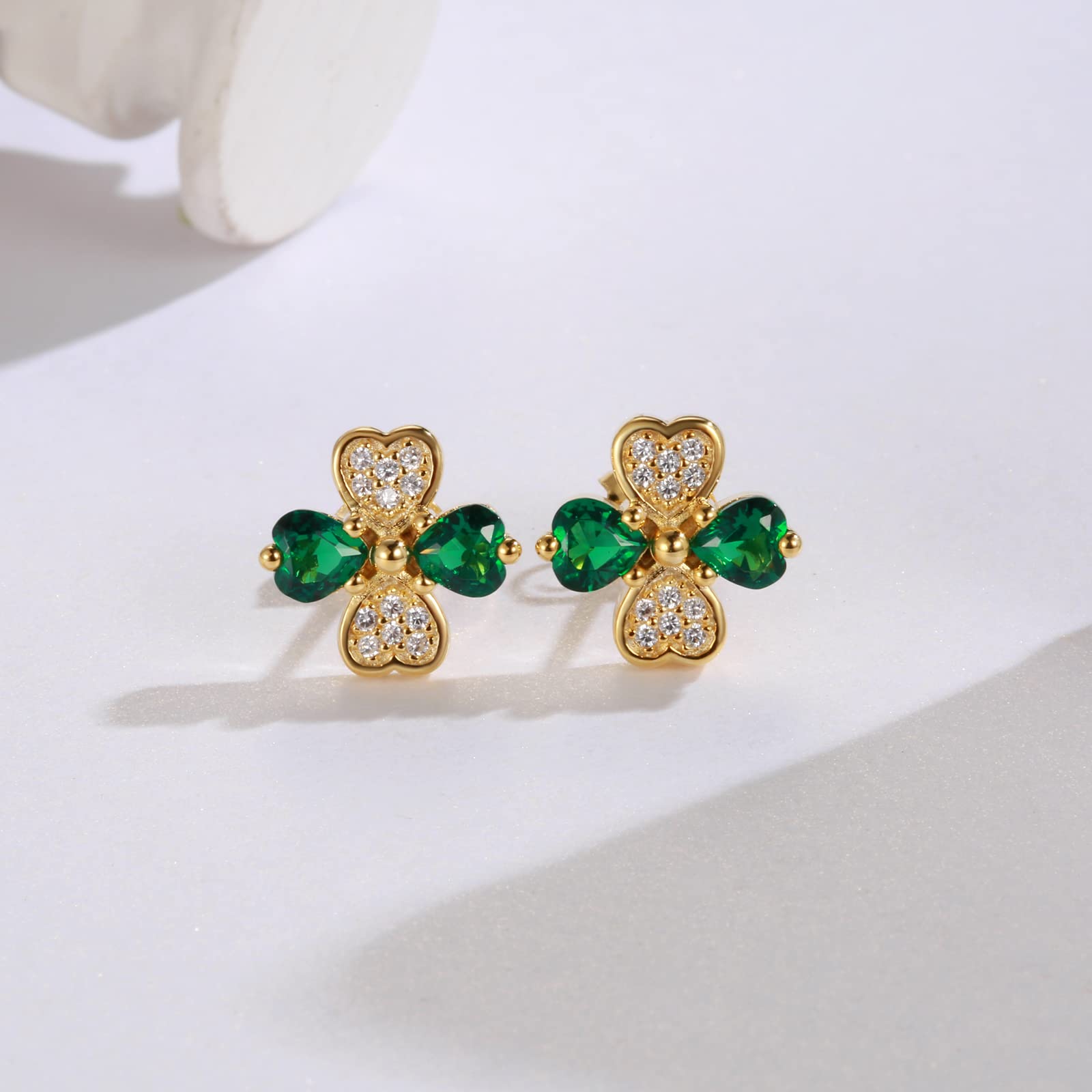 St Patricks Day Earrings Sterling Silver Four Leaf Clover Shamrock Irish Stud Earring Jewelry Gifts for Women Parade (Gold)