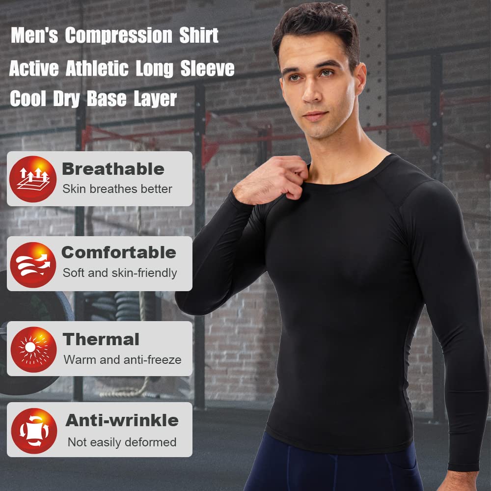 EARGFM Men's Athletic Long Sleeve Compression Shirt Gym Running Baselayer Quick Drying T-Shirts High Elastic Tops 2 Packs