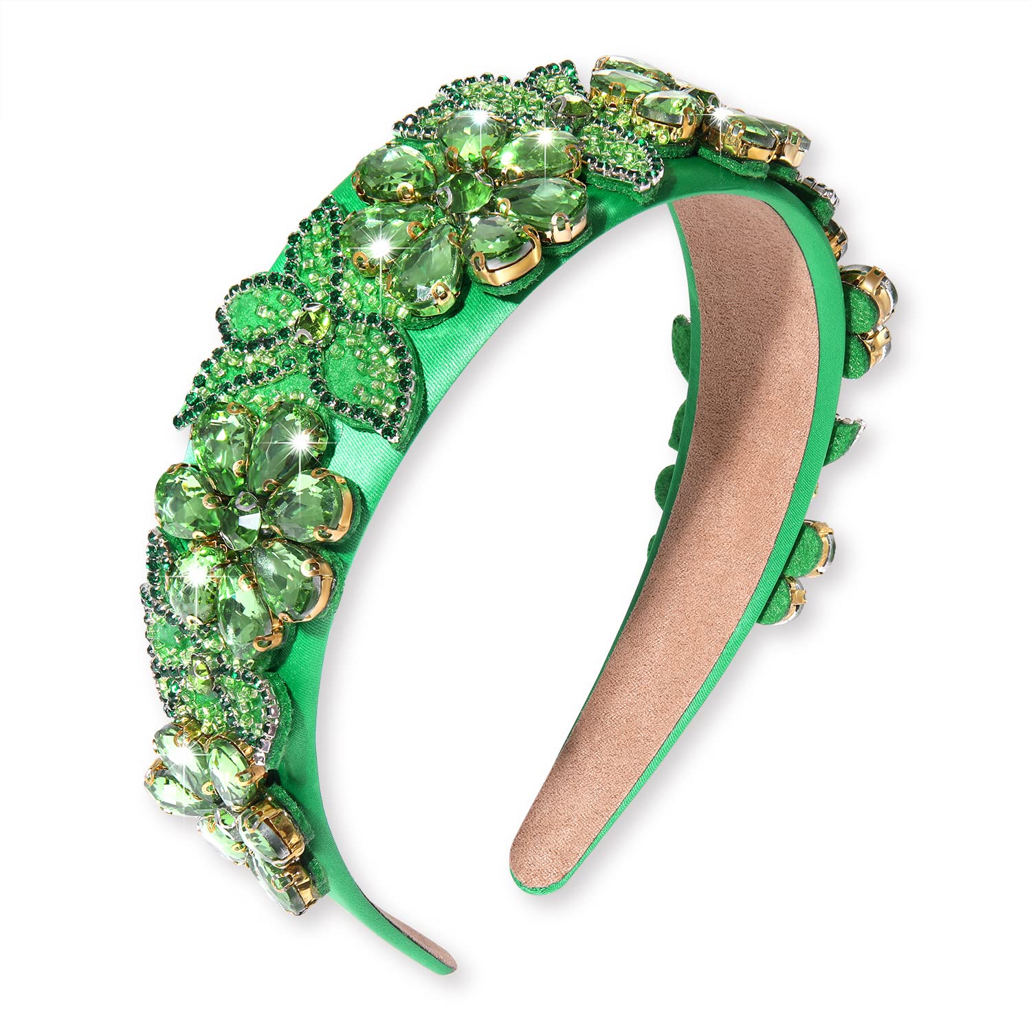 St. Patrick's Day Headbands Crystal Flower Embellished Wide Elastic Headband Green Rhinestone Velvet Hairband for Women Party Fashion Hair Hoop