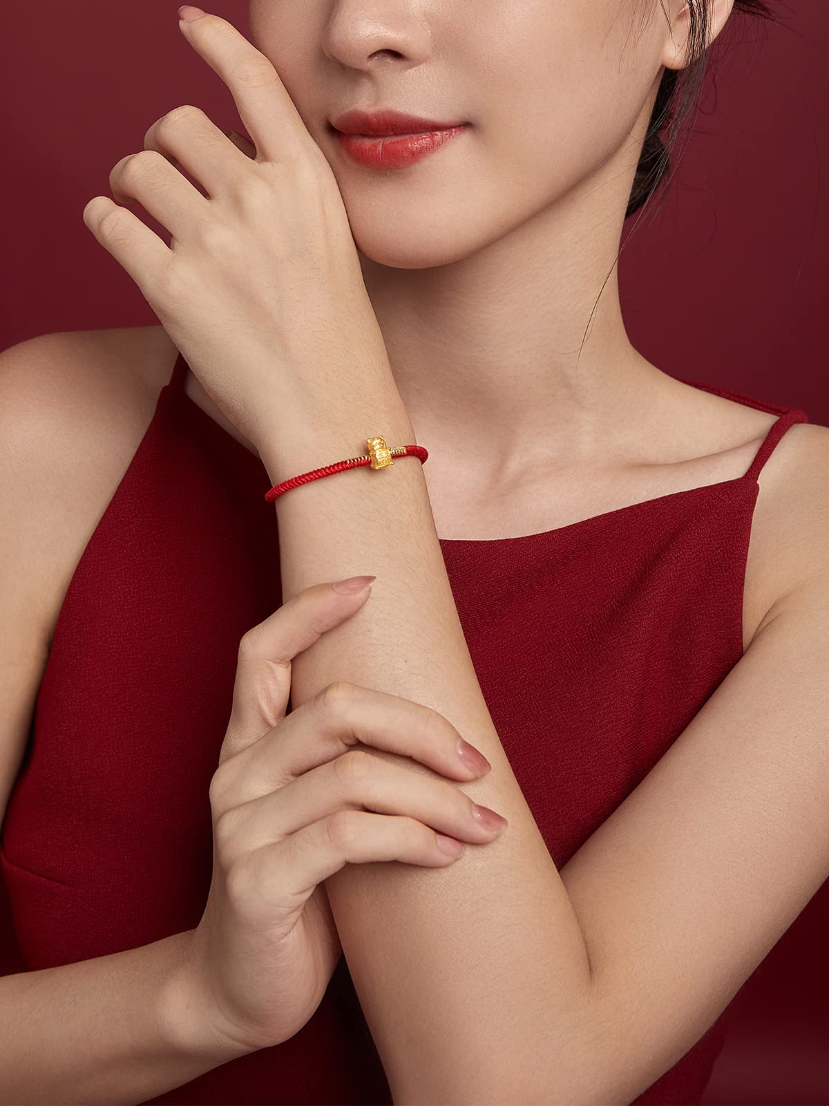 ZHOU LIU FU 24K Solid Gold Bracelets, Real Pure Gold Bracelet Chinese Zodiac Jewelry Adjustable Red Braided Bracelet Rabbit Dragon Dog Piggy with Blessing Idiom for Women Men Girlfriend