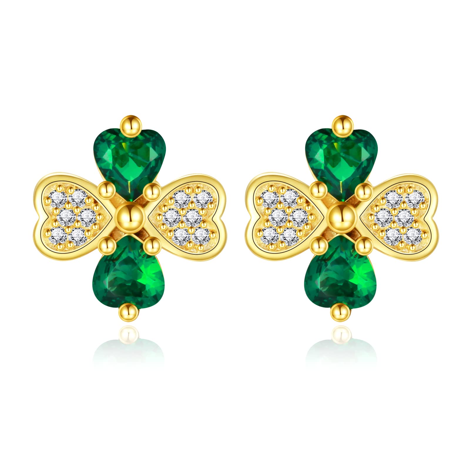 St Patricks Day Earrings Sterling Silver Four Leaf Clover Shamrock Irish Stud Earring Jewelry Gifts for Women Parade (Gold)