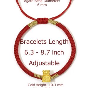 ZHOU LIU FU 24K Solid Gold Bracelets, Real Pure Gold Bracelet Chinese Zodiac Jewelry Adjustable Red Braided Bracelet Rabbit Dragon Dog Piggy with Blessing Idiom for Women Men Girlfriend