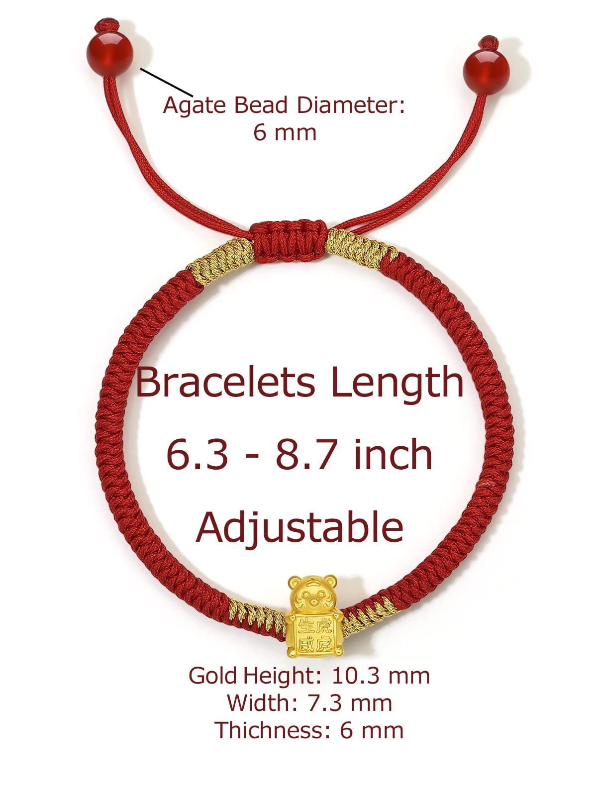 ZHOU LIU FU 24K Solid Gold Bracelets, Real Pure Gold Bracelet Chinese Zodiac Jewelry Adjustable Red Braided Bracelet Rabbit Dragon Dog Piggy with Blessing Idiom for Women Men Girlfriend