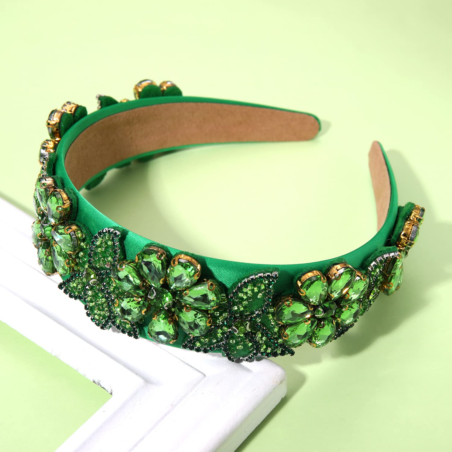 St. Patrick's Day Headbands Crystal Flower Embellished Wide Elastic Headband Green Rhinestone Velvet Hairband for Women Party Fashion Hair Hoop