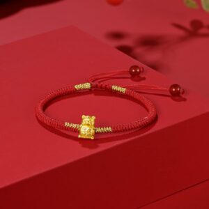 ZHOU LIU FU 24K Solid Gold Bracelets, Real Pure Gold Bracelet Chinese Zodiac Jewelry Adjustable Red Braided Bracelet Rabbit Dragon Dog Piggy with Blessing Idiom for Women Men Girlfriend