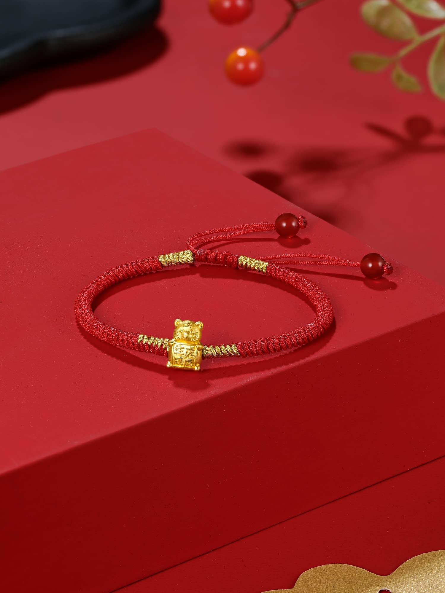 ZHOU LIU FU 24K Solid Gold Bracelets, Real Pure Gold Bracelet Chinese Zodiac Jewelry Adjustable Red Braided Bracelet Rabbit Dragon Dog Piggy with Blessing Idiom for Women Men Girlfriend