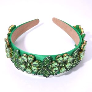 St. Patrick's Day Headbands Crystal Flower Embellished Wide Elastic Headband Green Rhinestone Velvet Hairband for Women Party Fashion Hair Hoop