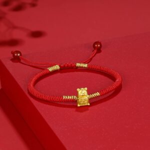 ZHOU LIU FU 24K Solid Gold Bracelets, Real Pure Gold Bracelet Chinese Zodiac Jewelry Adjustable Red Braided Bracelet Rabbit Dragon Dog Piggy with Blessing Idiom for Women Men Girlfriend