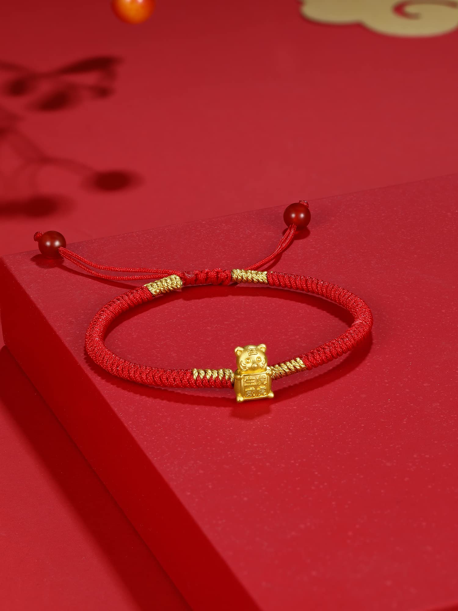 ZHOU LIU FU 24K Solid Gold Bracelets, Real Pure Gold Bracelet Chinese Zodiac Jewelry Adjustable Red Braided Bracelet Rabbit Dragon Dog Piggy with Blessing Idiom for Women Men Girlfriend