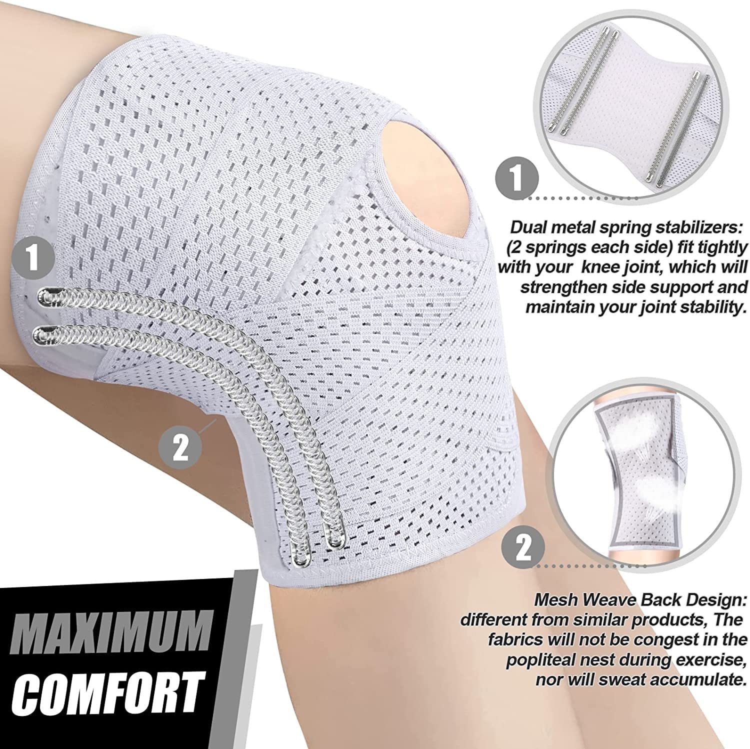 Motkassy Safe Knee Guard with Side Stabilizer, Sports Knee Guard Prevent Patella Injury, Knee Wrap with Super Soft Bandage, Running, Weight Loss, Jumping Rope, Hiking, All Sports (White,Medium)