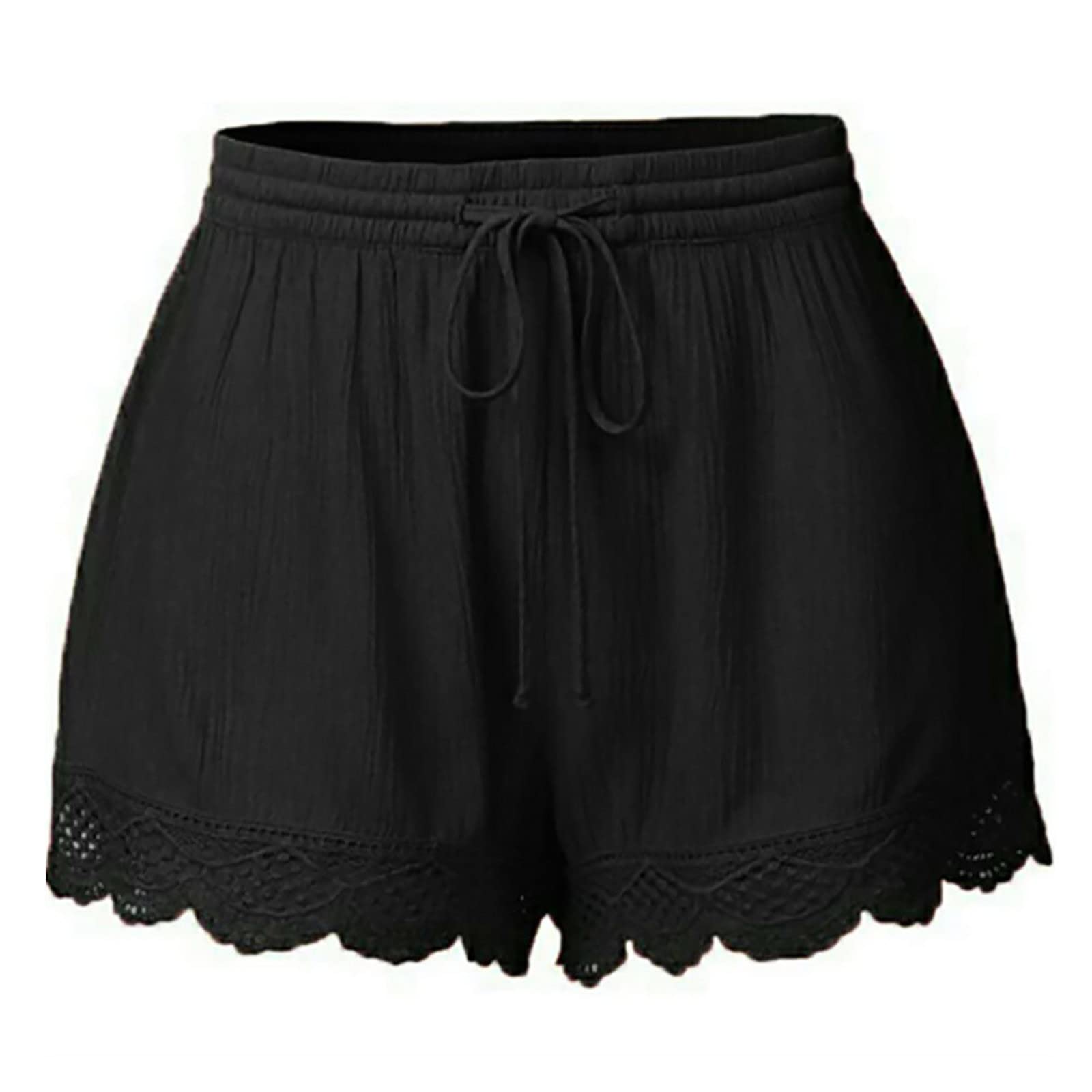 Women's Cotton Linen Lace Trim Comfy Shorts Rope Tie Popular Summer Trendy Breathable Solid Color Twill Short Shorts