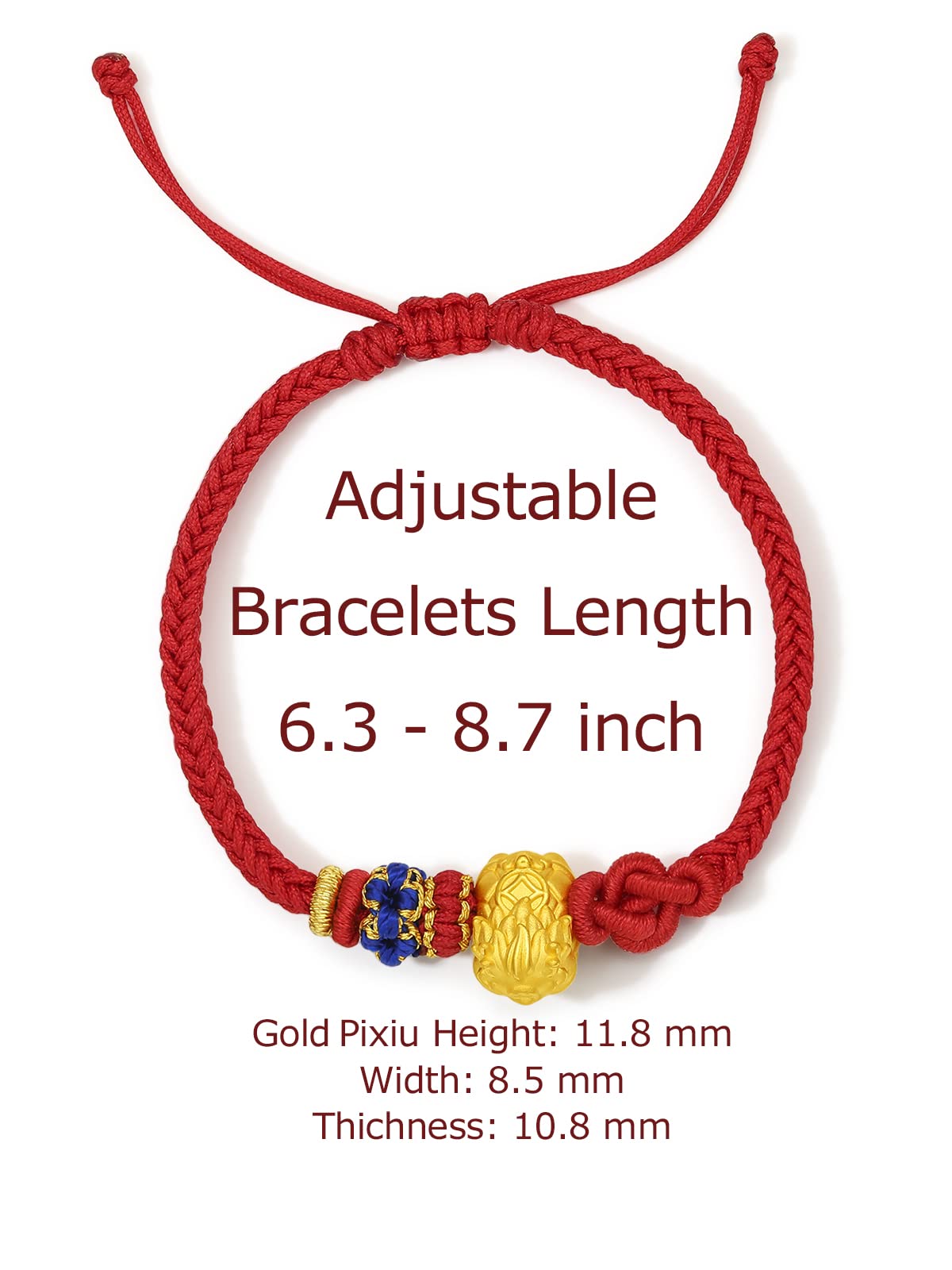 ZHOU LIU FU 24K Solid Gold Bracelet for Women, Real Pure Gold Jewelry Dainty Fortune Pixiu Ball Dragon Turtle Adjustable Red Black Braided Bracelet for Men Girlfriend