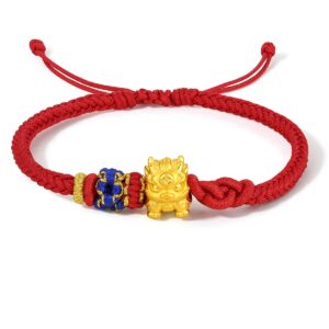 ZHOU LIU FU 24K Solid Gold Bracelet for Women, Real Pure Gold Jewelry Dainty Fortune Pixiu Ball Dragon Turtle Adjustable Red Black Braided Bracelet for Men Girlfriend