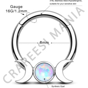 CM Crareesi Mania Septum Jewelry 16G Moon Septum Rings 316L Stainless Steel Daith Piercing Jewelry Helix Earrings for Women Opal Septum Piercing Jewelry