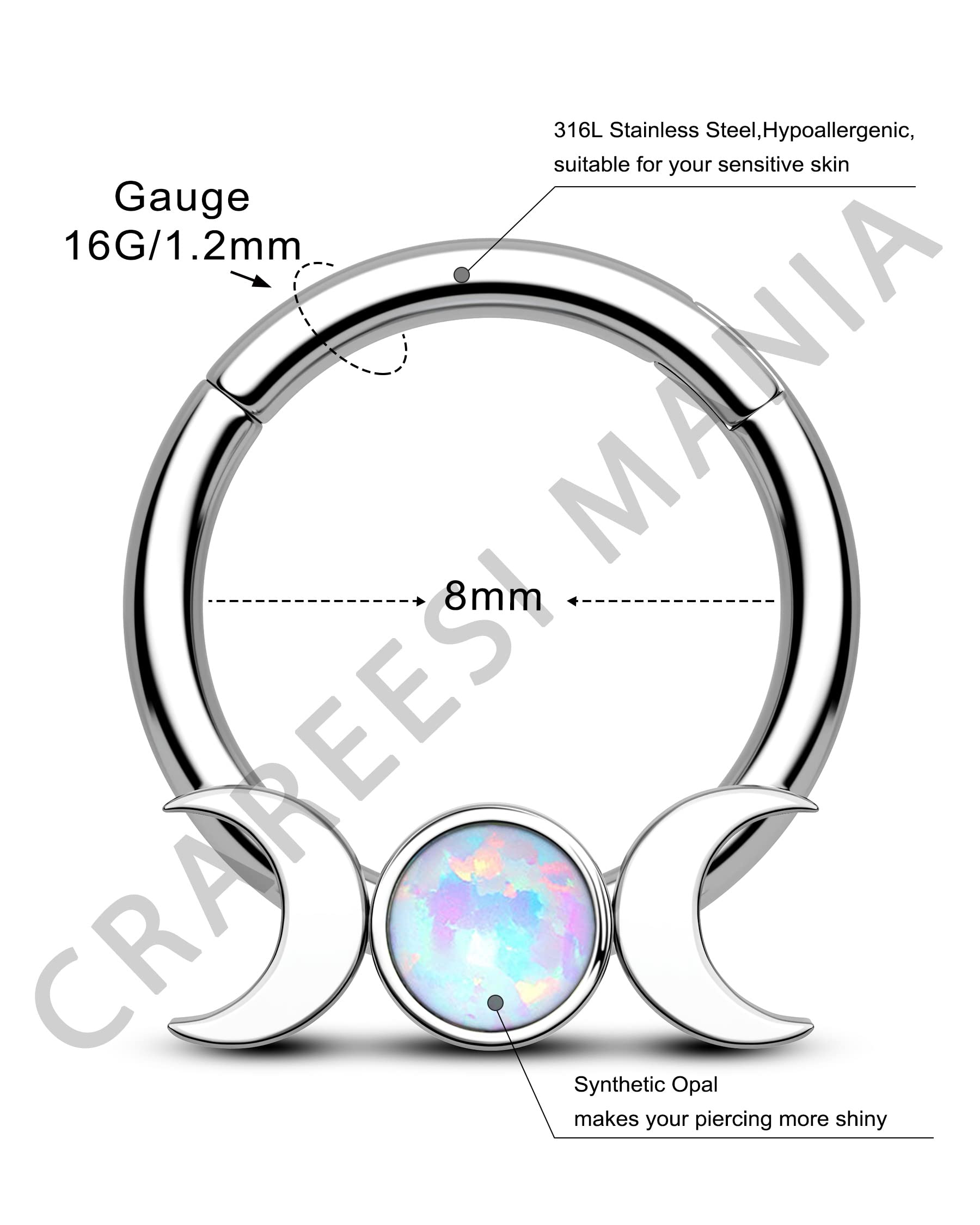 CM Crareesi Mania Septum Jewelry 16G Moon Septum Rings 316L Stainless Steel Daith Piercing Jewelry Helix Earrings for Women Opal Septum Piercing Jewelry