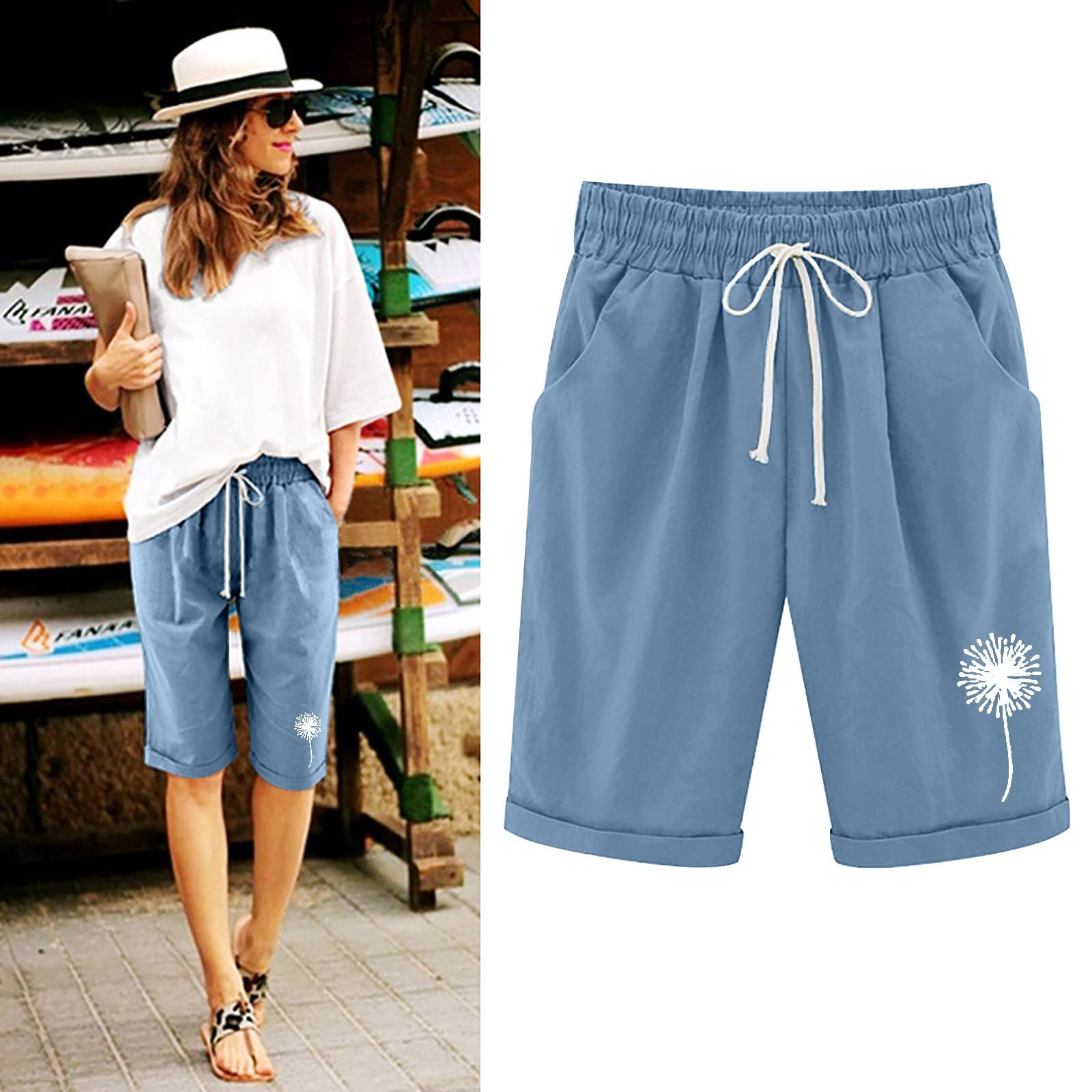 2023 Cotton Linen Womens Casual Summer Shorts Drawstring Elastic Waist Shorts Comfort Lounge Bermuda Novelty Shorts