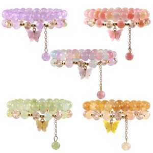 pipitree 10pcs beaded crystal bracelets for women, bohemian stackable bead bracelets with butterfly charm multilayered bracelet pack handmade jewelry