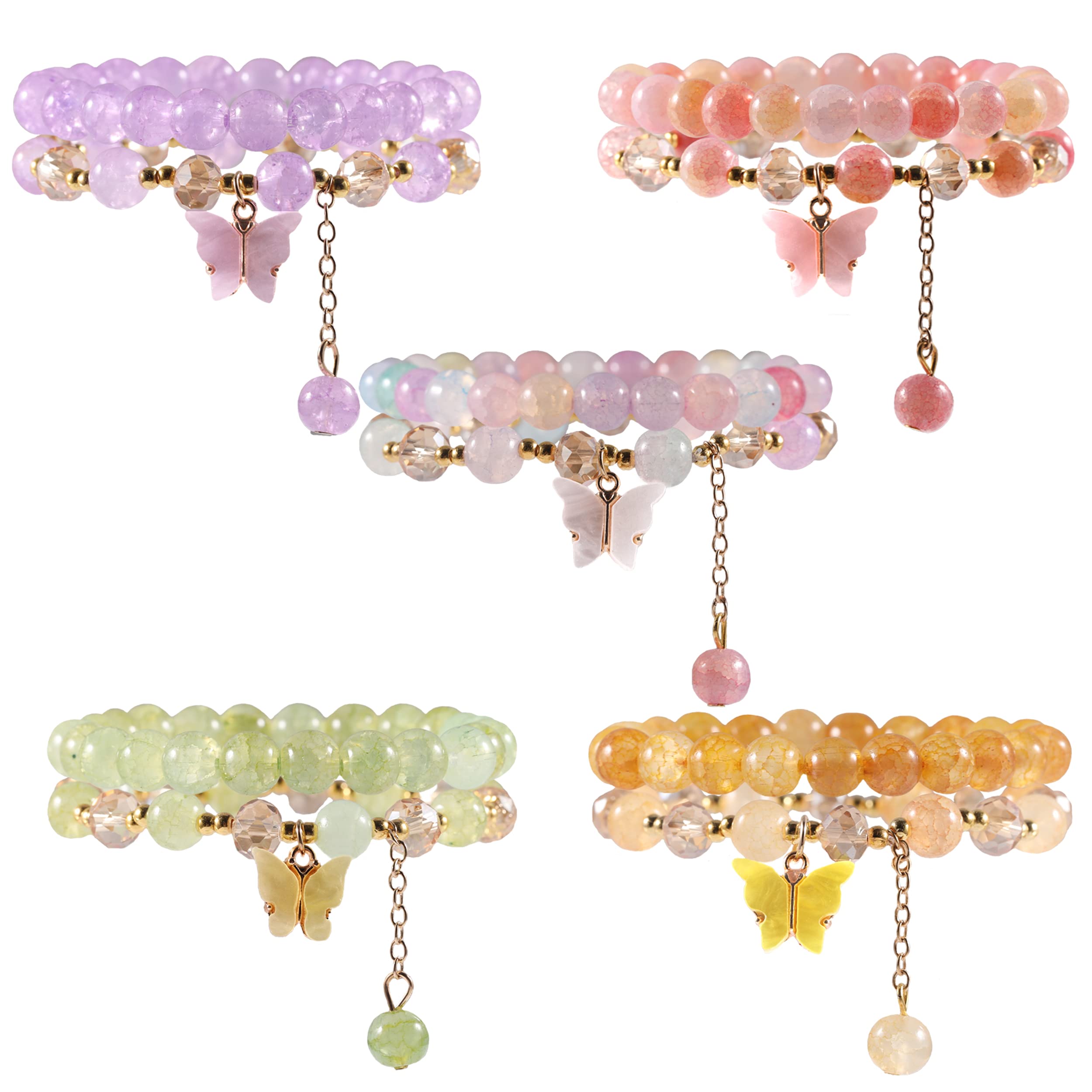 PIPITREE 10Pcs Beaded Crystal Bracelets for Women, Bohemian Stackable Bead Bracelets with Butterfly Charm Multilayered Bracelet Pack Handmade Jewelry