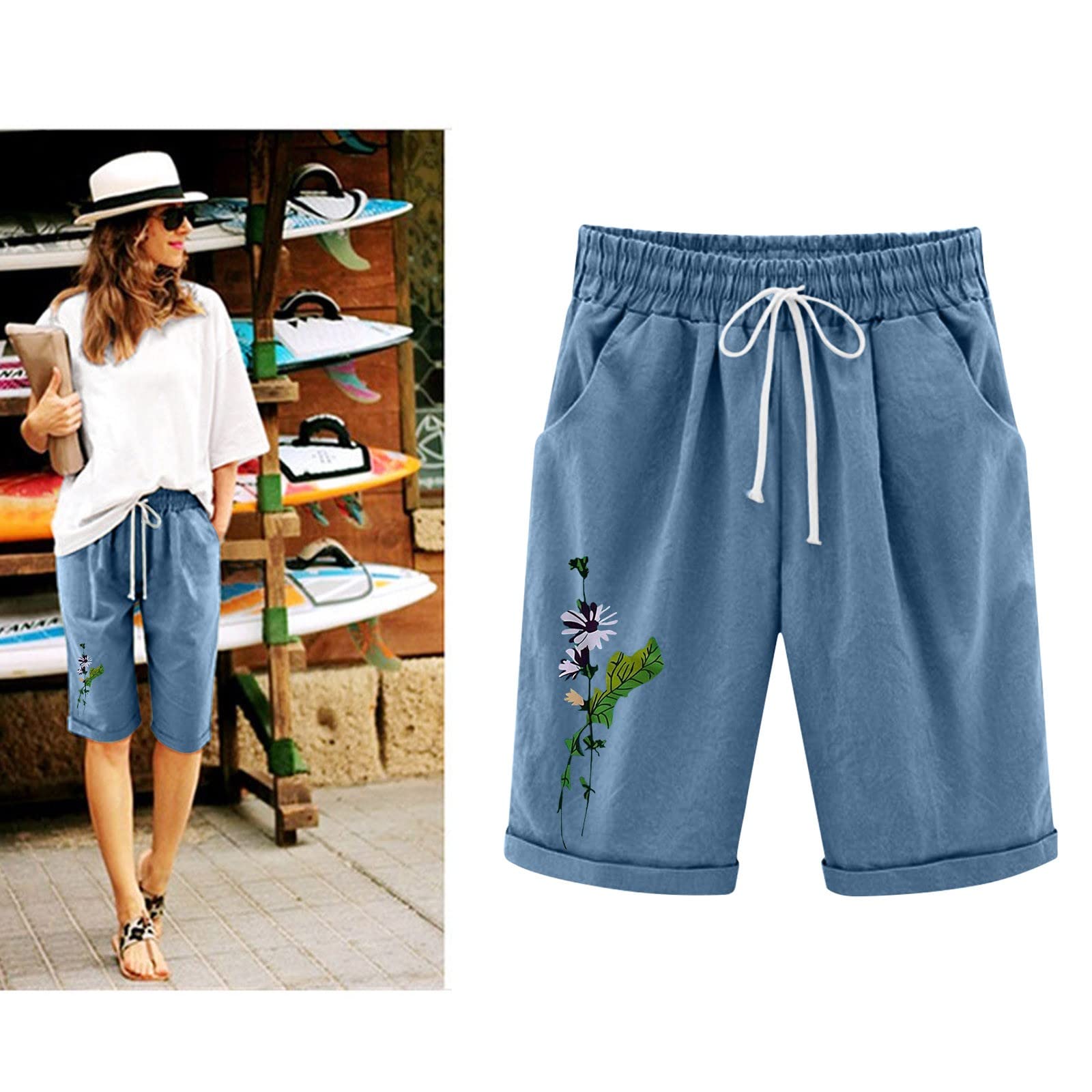 Dressy Summer 2023 Women Graphic Print Cotton Linen Shorts Fashion Casual New Fitted Bermuda Shorts Knee Length Shorts