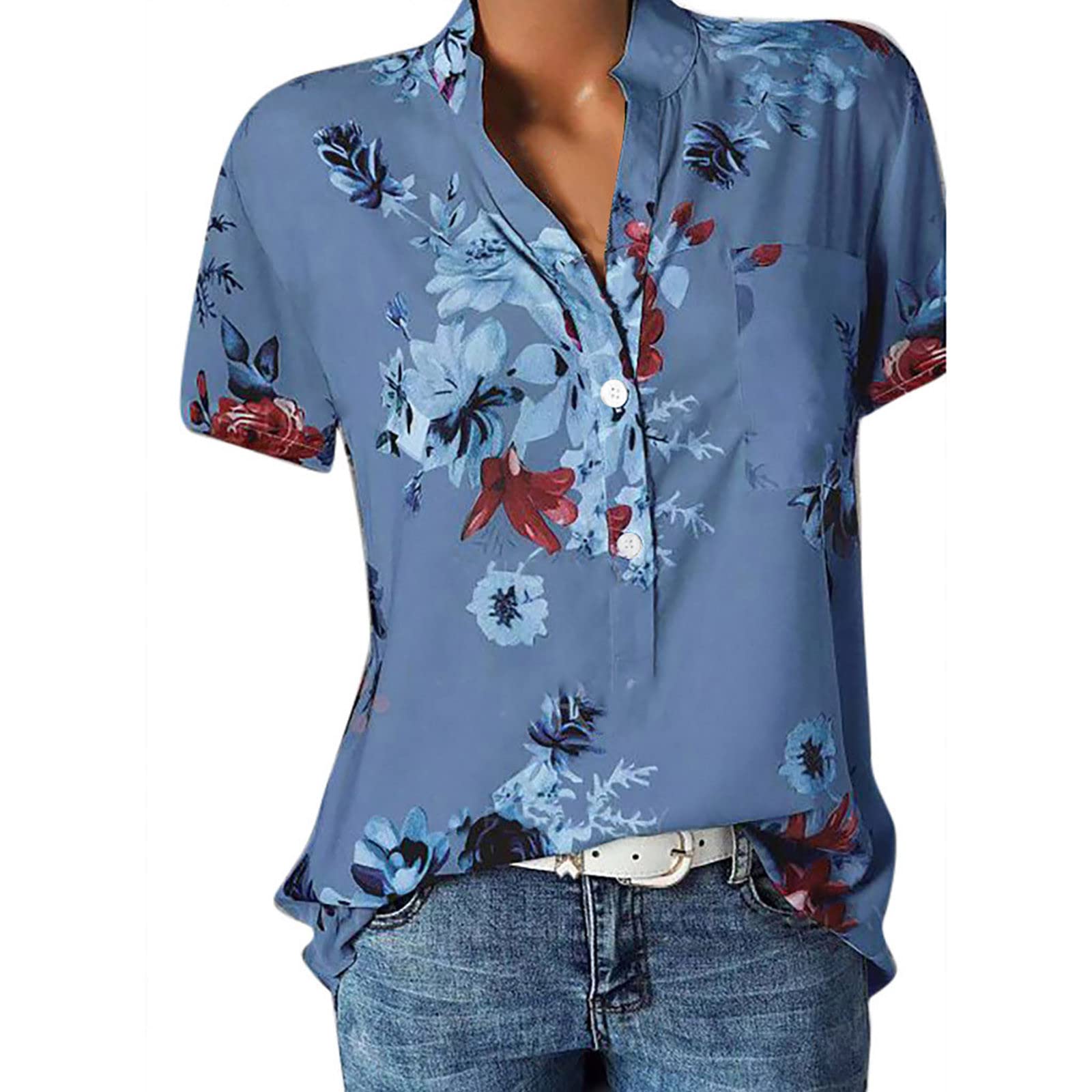 Womens Summer Casual Tops Short Sleeves T Shirts Fashion Floral Prints V Neck Tunic Shirts Loose Fit Comfy Dressy Blouse