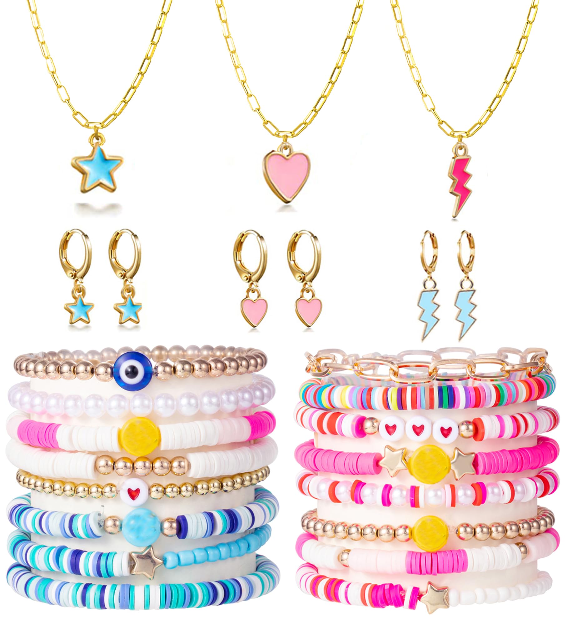 SONNYX Preppy Heishi Bracelets for Women Trendy Stuff Y2K Jewelry Clay Bracelets Cute Earrings Y2K Necklaces Beach Surfer Bohemian Bracelets Jewelry Set