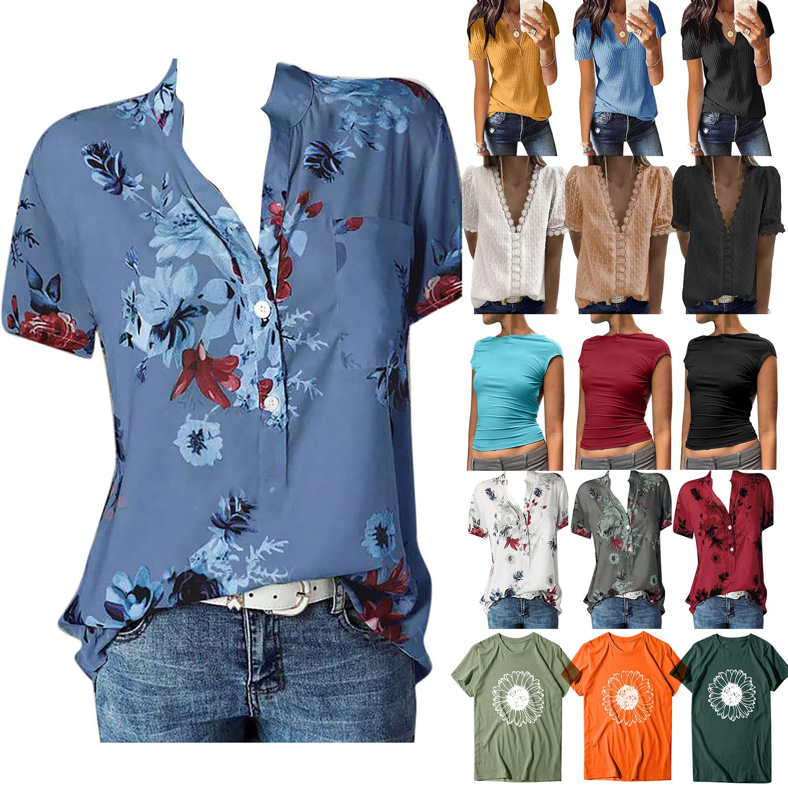 Womens Summer Casual Tops Short Sleeves T Shirts Fashion Floral Prints V Neck Tunic Shirts Loose Fit Comfy Dressy Blouse